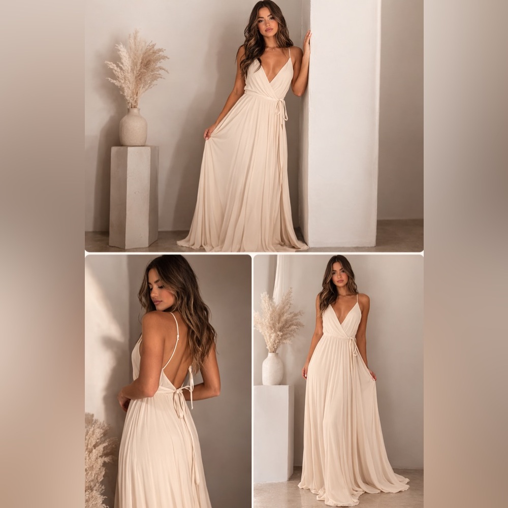 Sugarlips Cream Wrap Maxi Dress Flowy Spaghetti Strap Bridal Wedding Guest Sz S